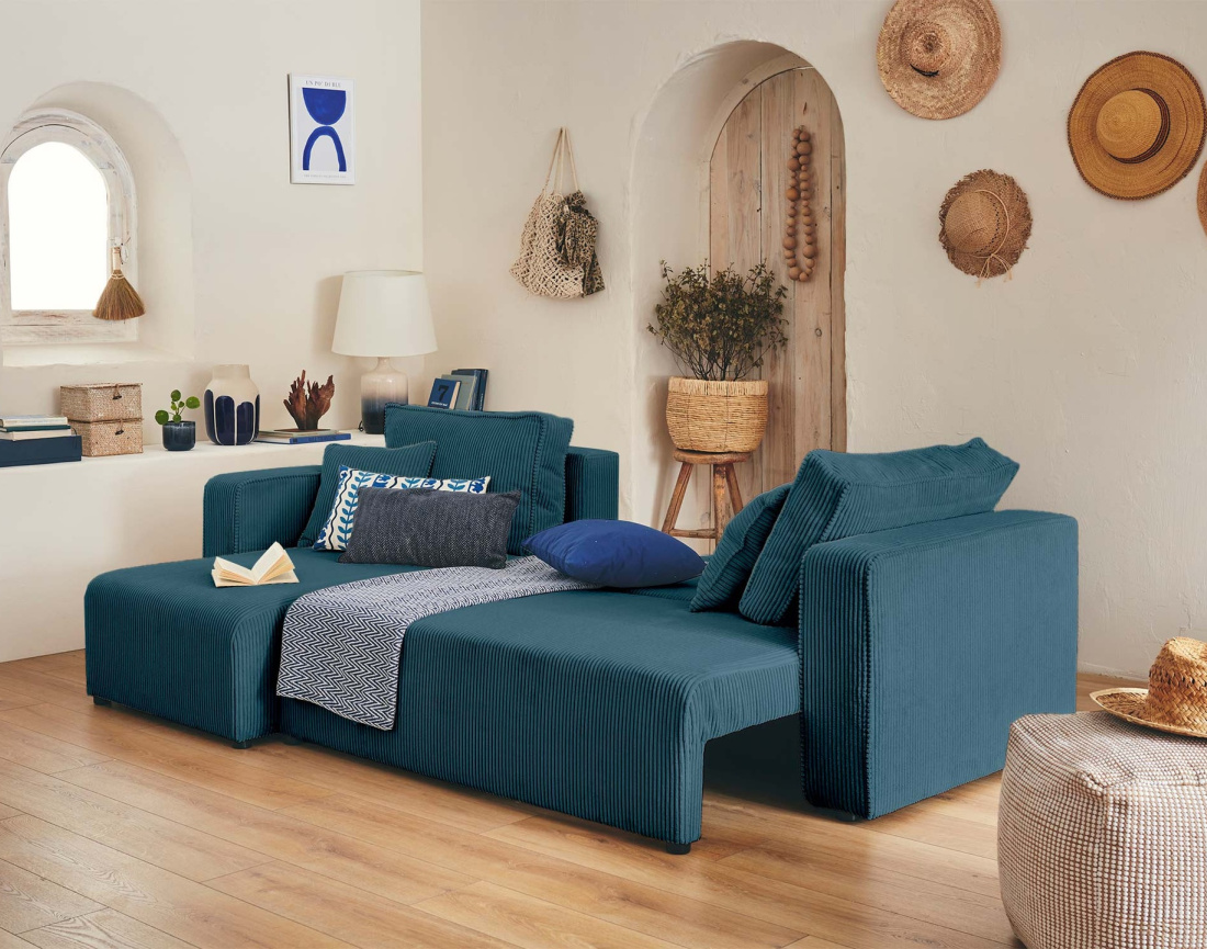 Canapé droit 2 places convertible en velours côtelé Ernest