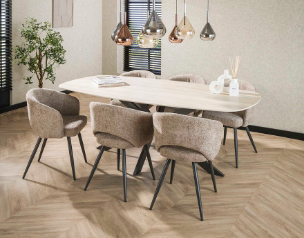 Table à manger plateau en céramique 3D effet travertin pieds en acier 6 à 8 personnes Ruben