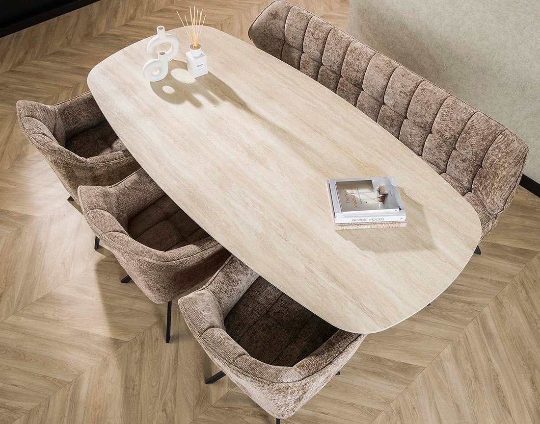 Table à manger plateau en céramique 3D effet travertin pieds en acier 6 à 8 personnes Ruben