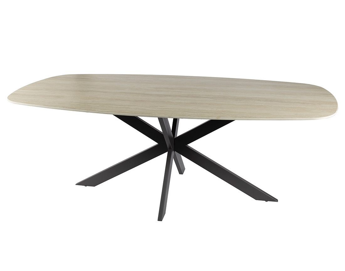 Table à manger plateau en céramique 3D effet travertin pieds en acier 6 à 8 personnes Ruben