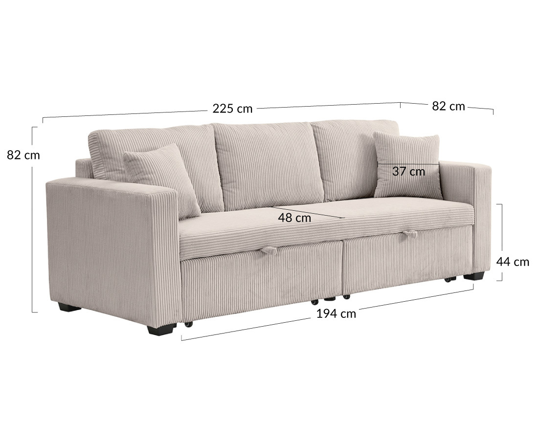 Canapé droit 3 places convertible en velours côtelé Cyrus