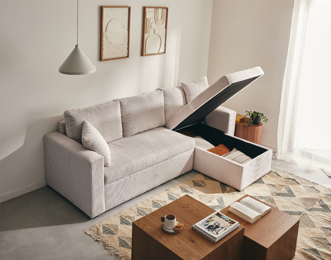 Canapé d'angle réversible 4 places convertible avec coffre en velours côtelé Cyrus