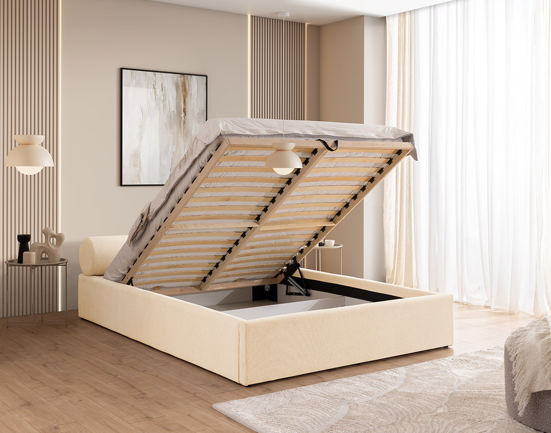 Lit coffre 140x190 cm en tissu texturé sommier inclus Billy