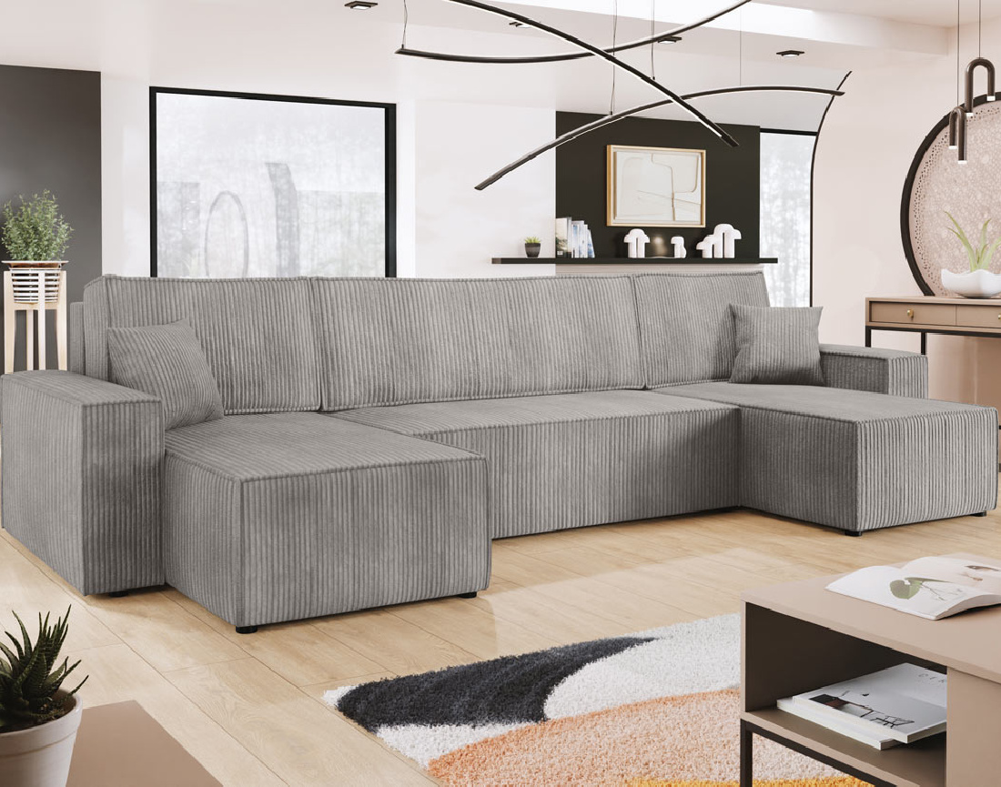 Canapé panoramique en U 7 places convertible avec coffre en velours côtelé Cezanne