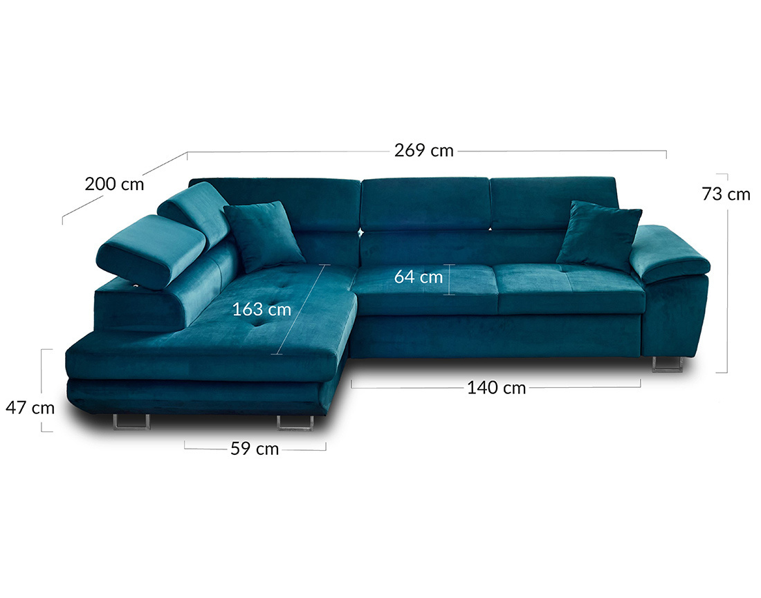 Canapé d'angle gauche 5 places convertible avec coffre et têtières réglables en velours Dimas