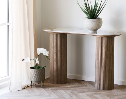 Console plateau effet marbre et pieds effets bois 78 cm Lysa