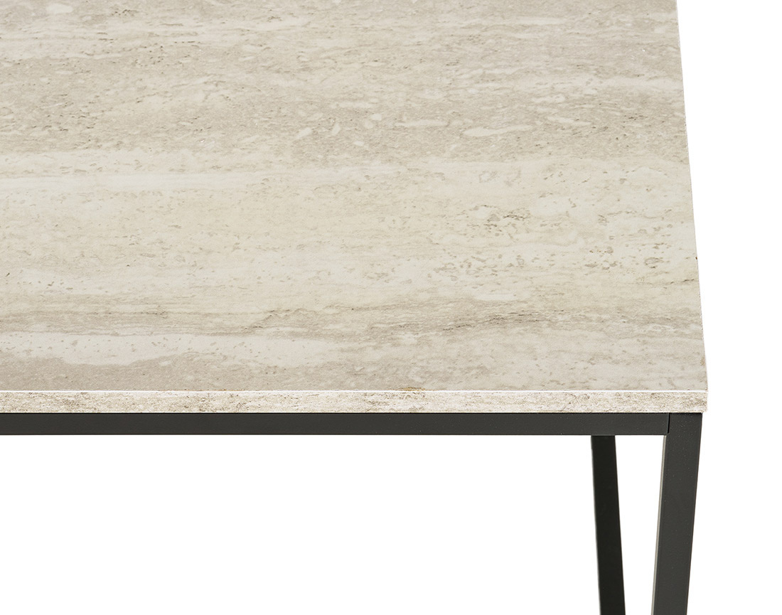 Table basse plateau effet travertin en FSC® 100% pieds en métal 90 cm Maya