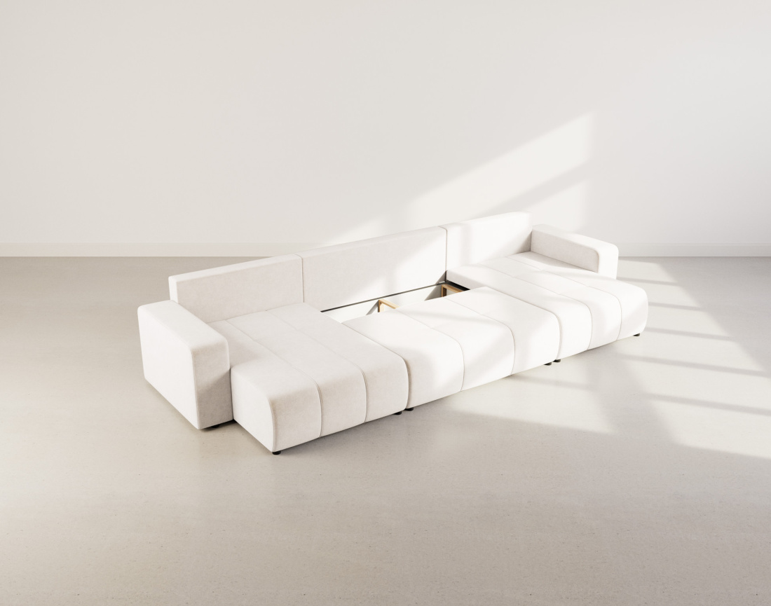 Canapé panoramique en U 7 places convertible avec coffre en tissu Nicole