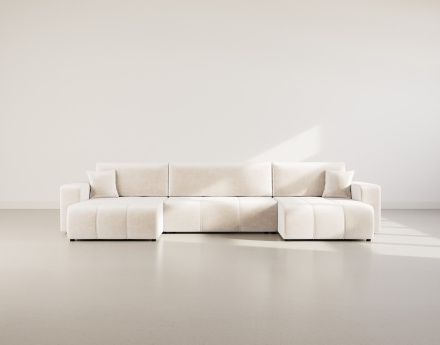 Canapé panoramique en U 7 places convertible avec coffre en tissu Nicole