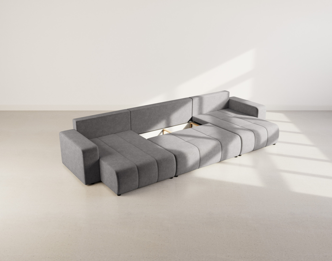 Canapé panoramique en U 7 places convertible avec coffre en tissu Nicole