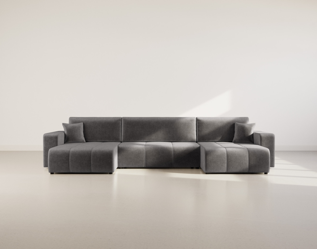 Canapé panoramique en U 7 places convertible avec coffre en tissu Nicole