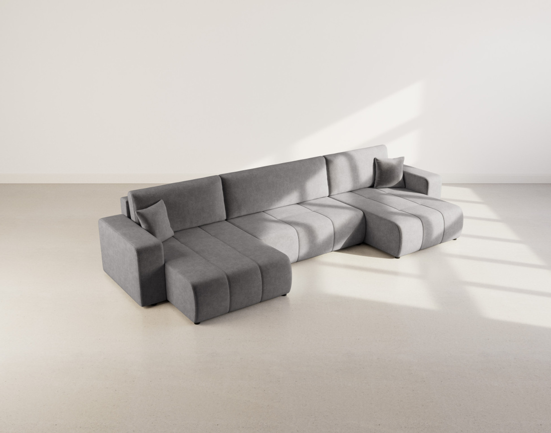 Canapé panoramique en U 7 places convertible avec coffre en tissu Nicole