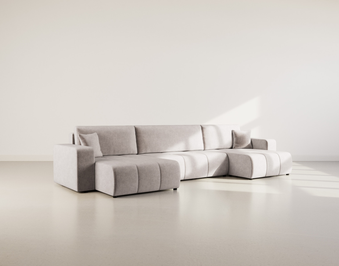 Canapé panoramique en U 7 places convertible avec coffre en tissu Nicole