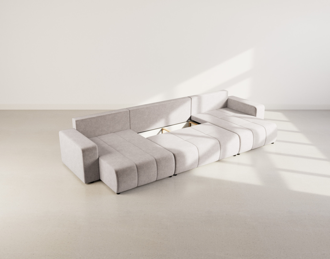 Canapé panoramique en U 7 places convertible avec coffre en tissu Nicole