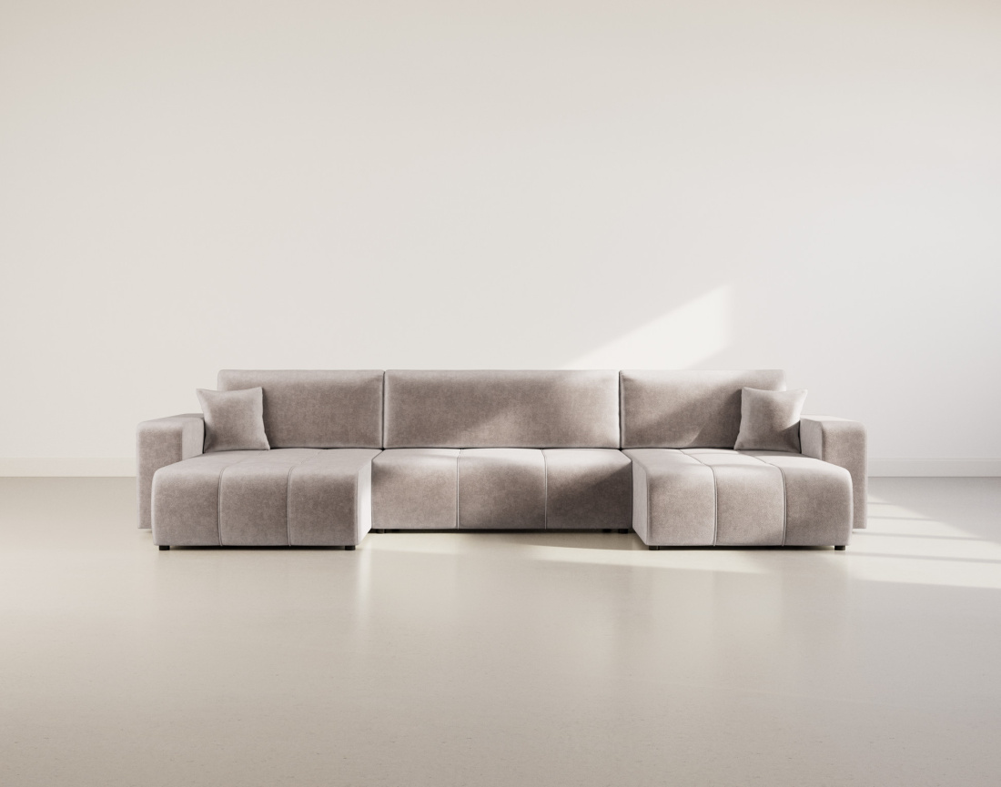 Canapé panoramique en U 7 places convertible avec coffre en tissu Nicole