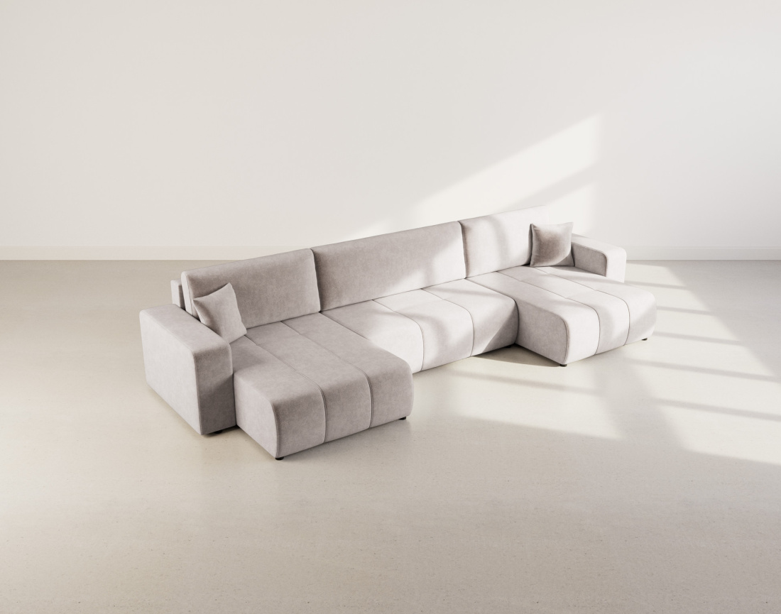 Canapé panoramique en U 7 places convertible avec coffre en tissu Nicole