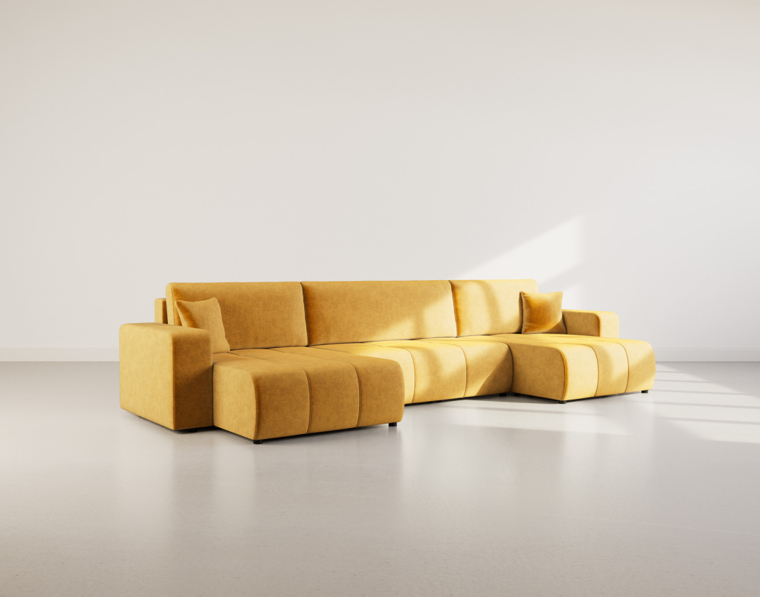 Canapé panoramique en U 7 places convertible avec coffre en tissu Nicole