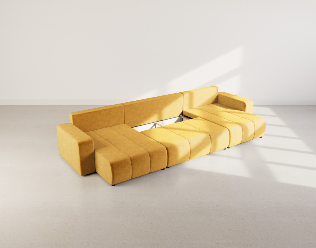 Canapé panoramique en U 7 places convertible avec coffre en tissu Nicole