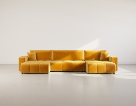 Canapé panoramique en U 7 places convertible avec coffre en tissu Nicole