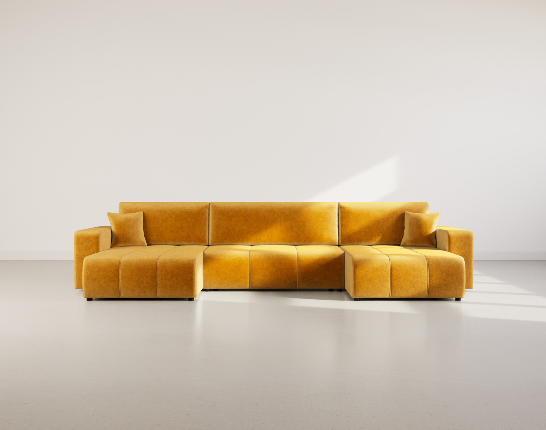 Canapé panoramique en U 7 places convertible avec coffre en tissu Nicole