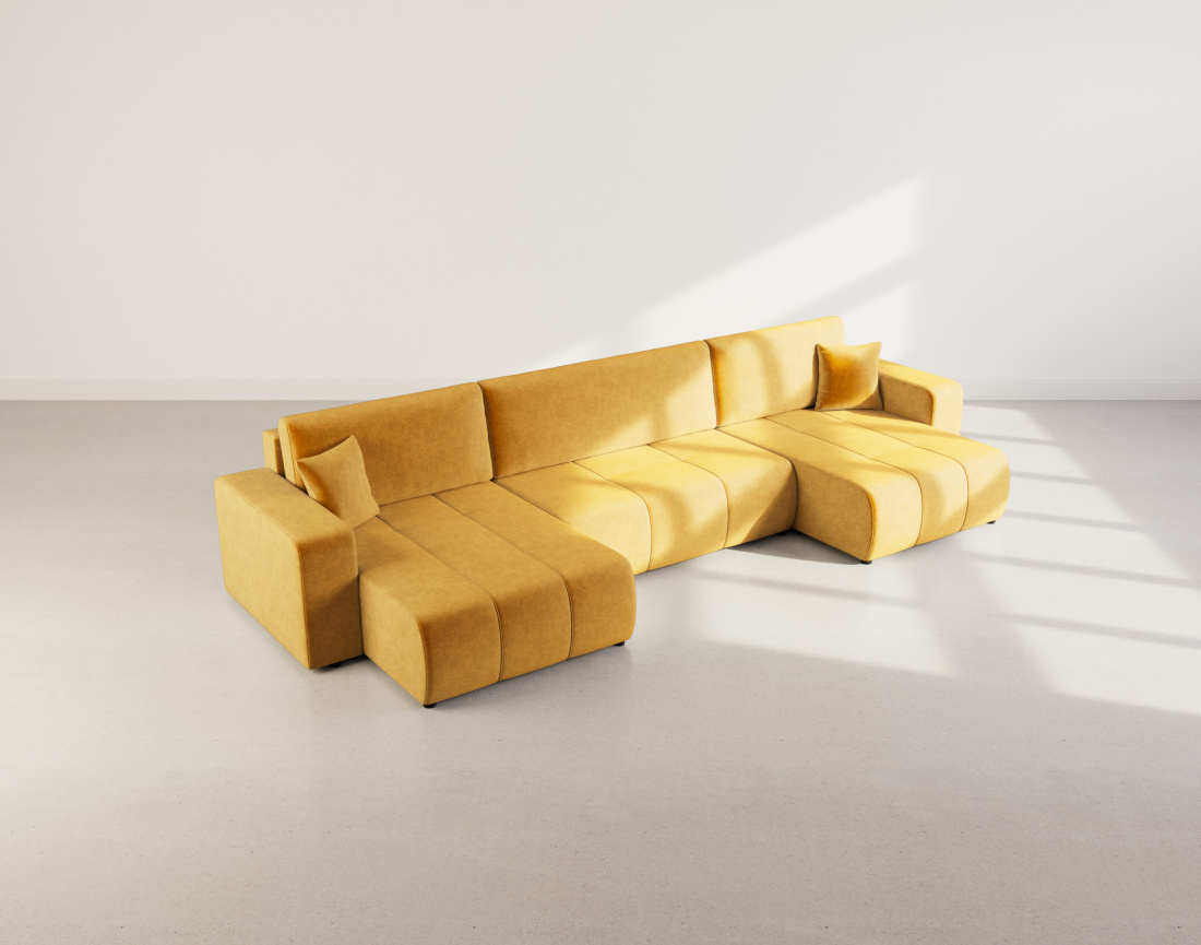 Canapé panoramique en U 7 places convertible avec coffre en tissu Nicole