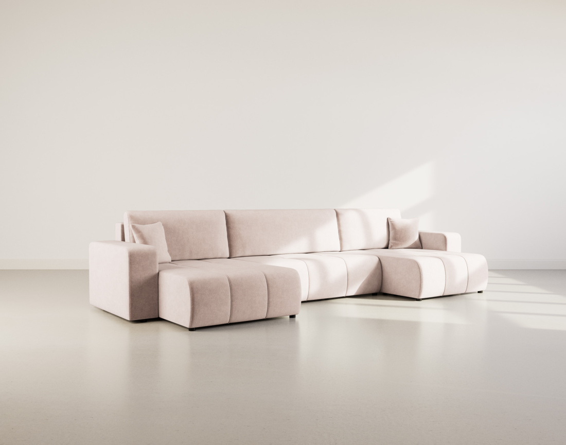 Canapé panoramique en U 7 places convertible avec coffre en tissu Nicole