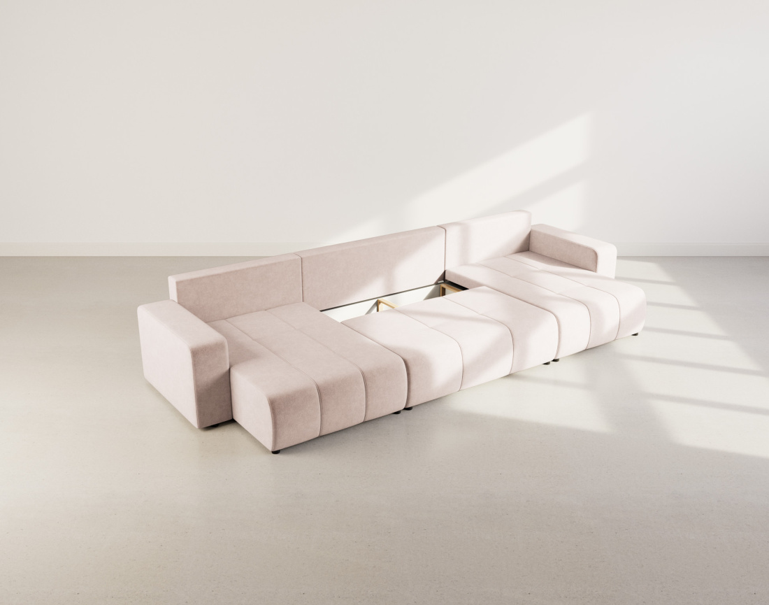 Canapé panoramique en U 7 places convertible avec coffre en tissu Nicole