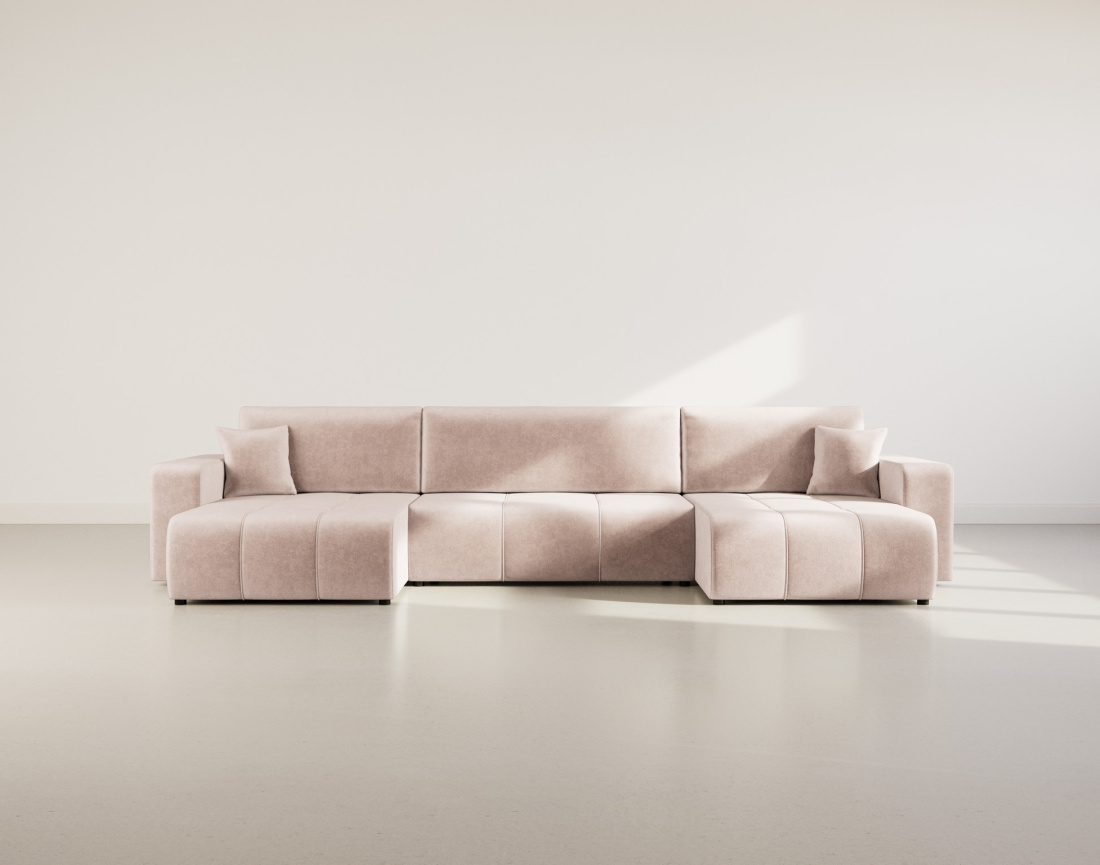 Canapé panoramique en U 7 places convertible avec coffre en tissu Nicole