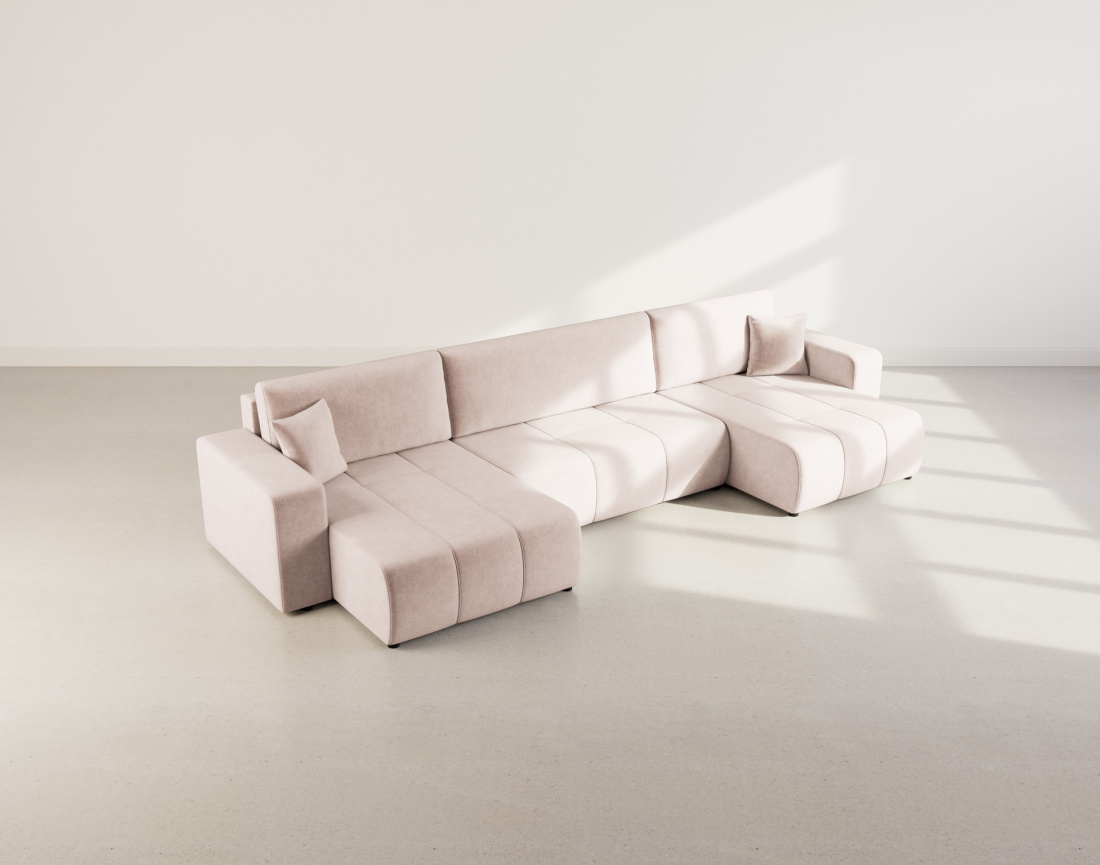 Canapé panoramique en U 7 places convertible avec coffre en tissu Nicole