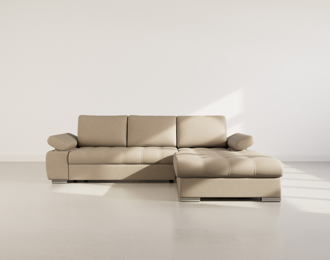 Canapé d'angle droit 4 places convertible avec coffre en tissu texturé Bianca