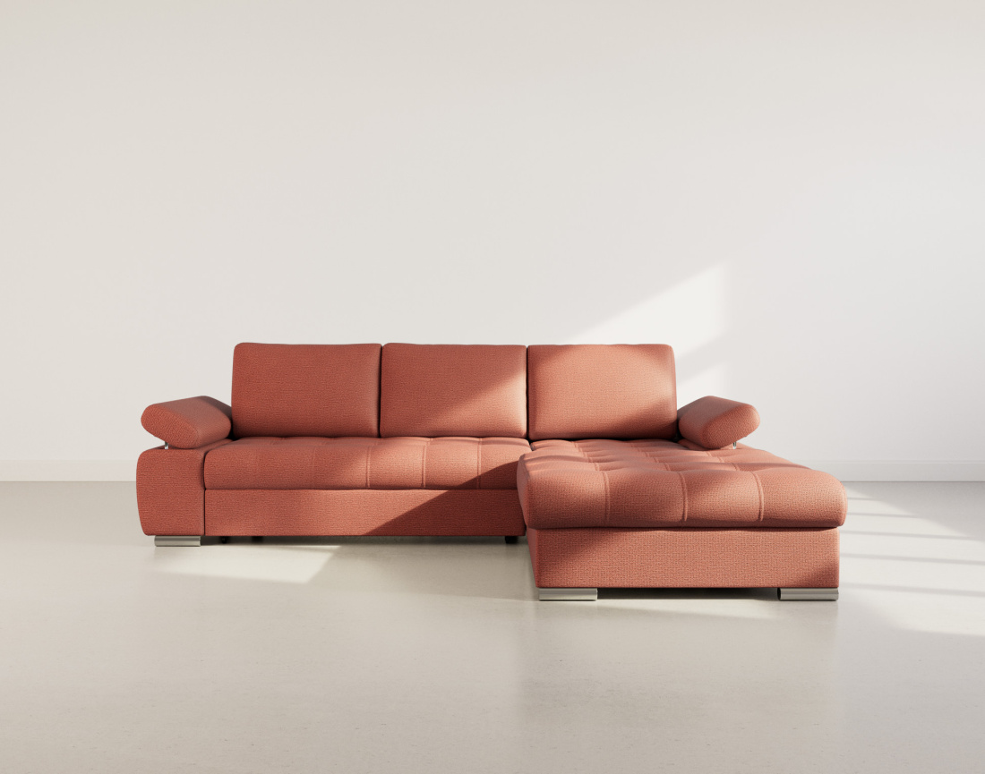 Canapé d'angle droit 4 places convertible avec coffre en tissu texturé Bianca