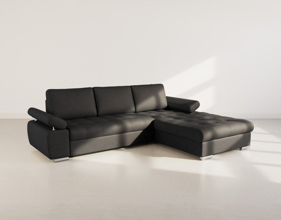 Canapé d'angle droit 4 places convertible avec coffre en tissu texturé Bianca