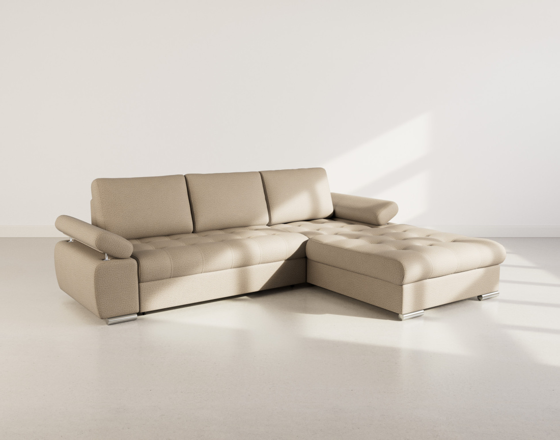 Canapé d'angle droit 4 places convertible avec coffre en tissu texturé Bianca