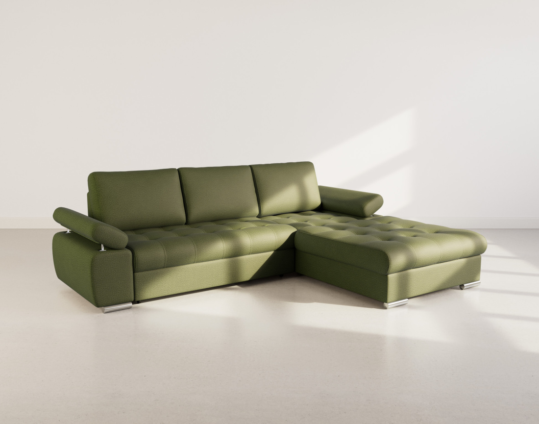 Canapé d'angle droit 4 places convertible avec coffre en tissu texturé Bianca