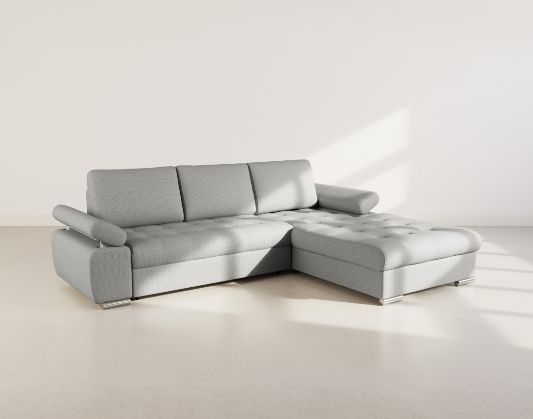 Canapé d'angle droit 4 places convertible avec coffre en tissu texturé Bianca