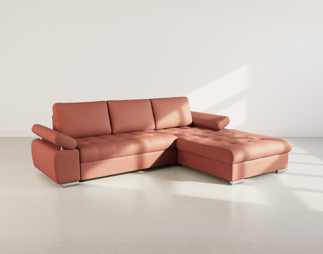 Canapé d'angle droit 4 places convertible avec coffre en tissu texturé Bianca