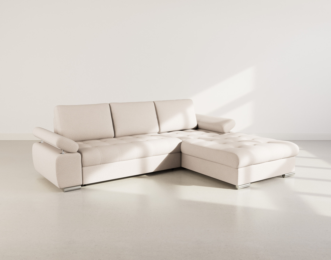 Canapé d'angle droit 4 places convertible avec coffre en tissu texturé Bianca