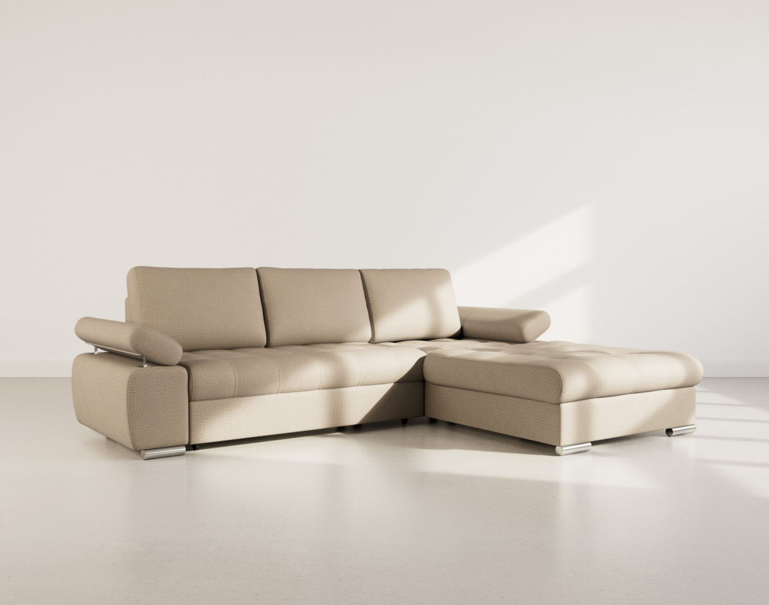 Canapé d'angle droit 4 places convertible avec coffre en tissu texturé Bianca