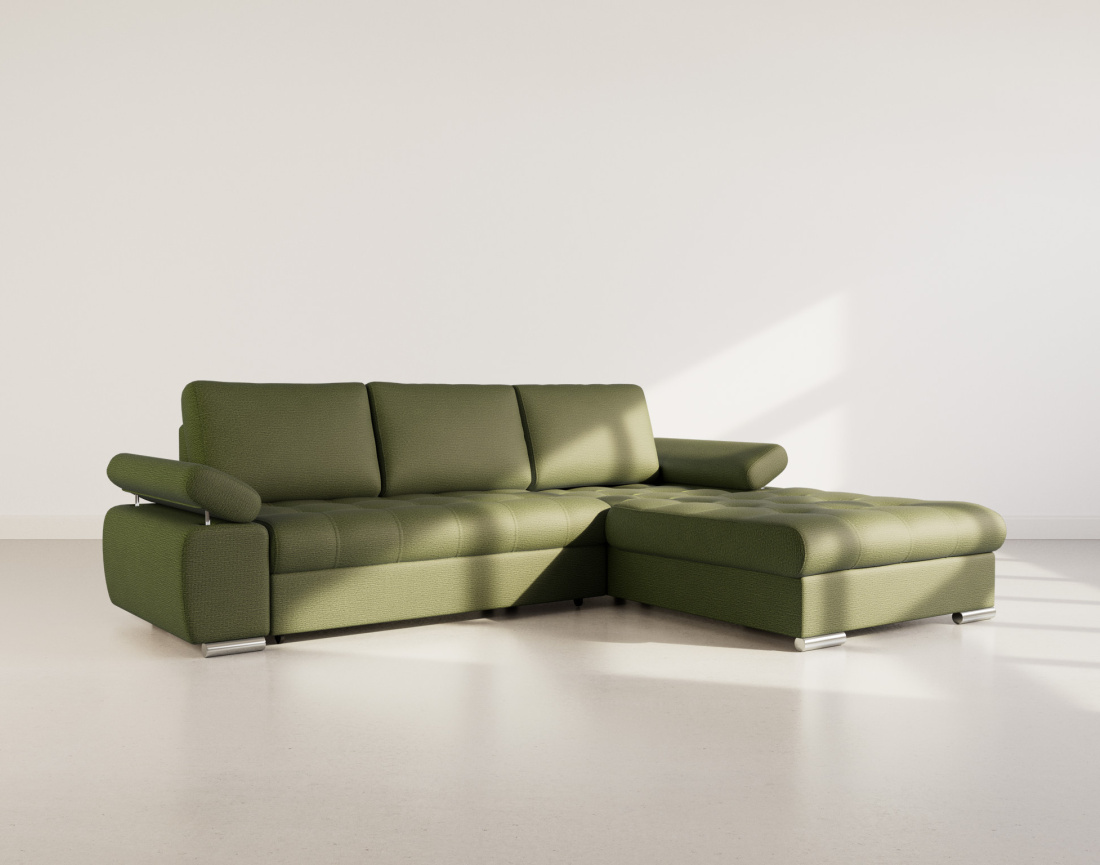 Canapé d'angle droit 4 places convertible avec coffre en tissu texturé Bianca