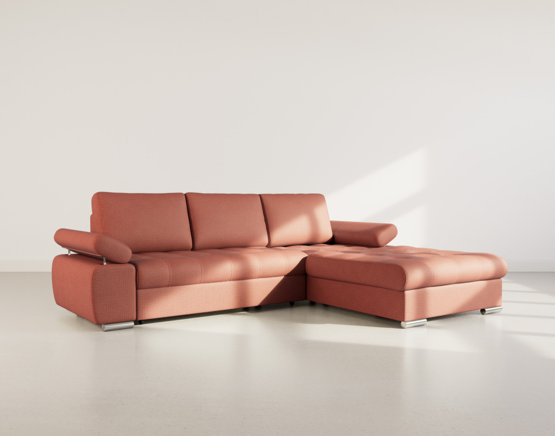 Canapé d'angle droit 4 places convertible avec coffre en tissu texturé Bianca