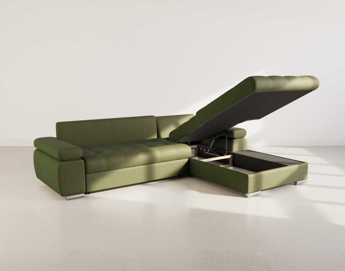 Canapé d'angle droit 4 places convertible avec coffre en tissu texturé Bianca