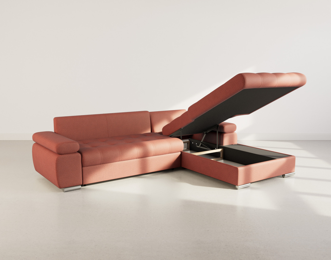 Canapé d'angle droit 4 places convertible avec coffre en tissu texturé Bianca