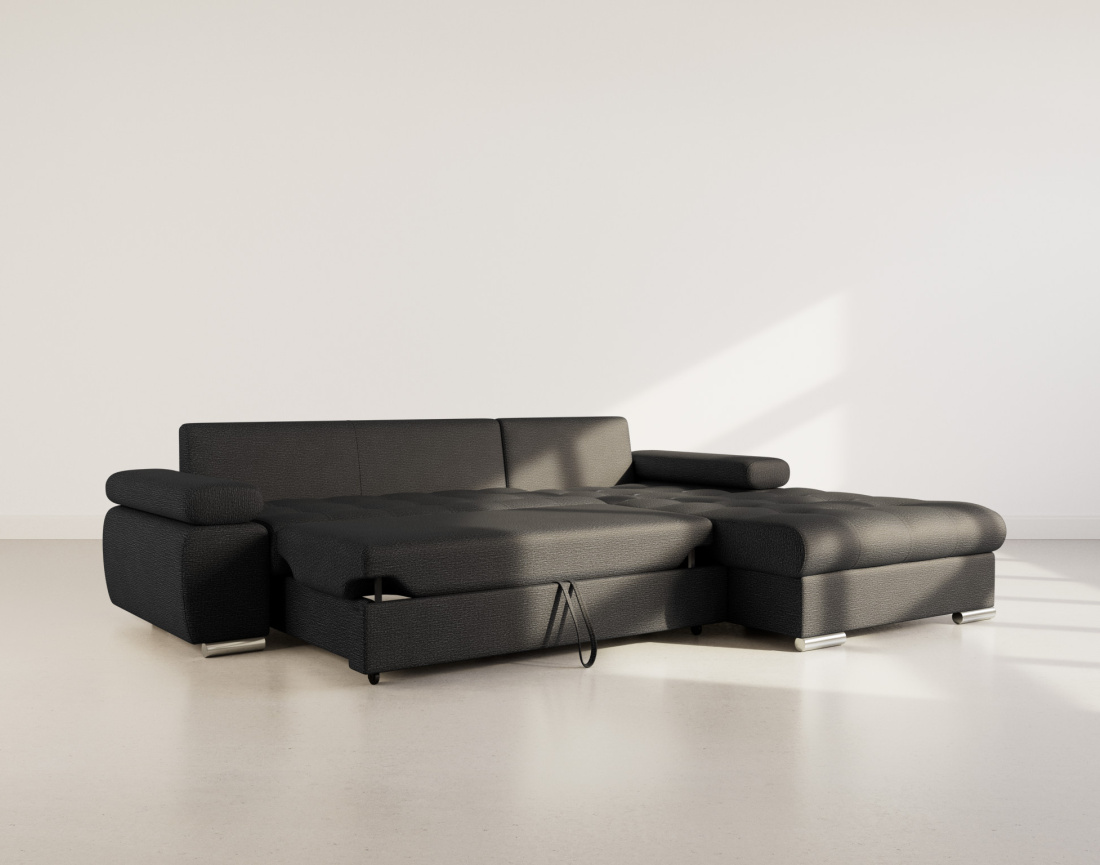 Canapé d'angle droit 4 places convertible avec coffre en tissu texturé Bianca