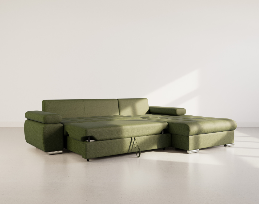 Canapé d'angle droit 4 places convertible avec coffre en tissu texturé Bianca