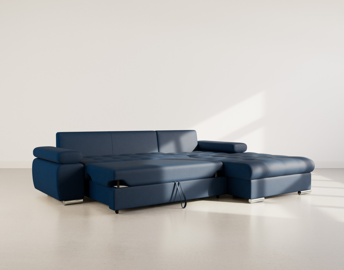 Canapé d'angle droit 4 places convertible avec coffre en tissu texturé Bianca