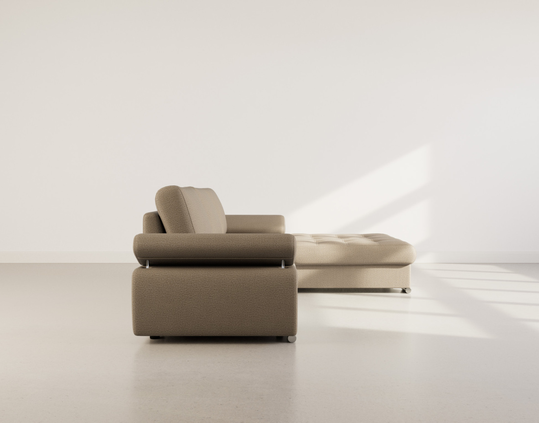 Canapé d'angle droit 4 places convertible avec coffre en tissu texturé Bianca