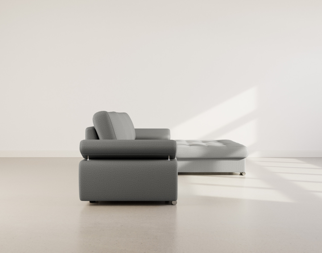 Canapé d'angle droit 4 places convertible avec coffre en tissu texturé Bianca