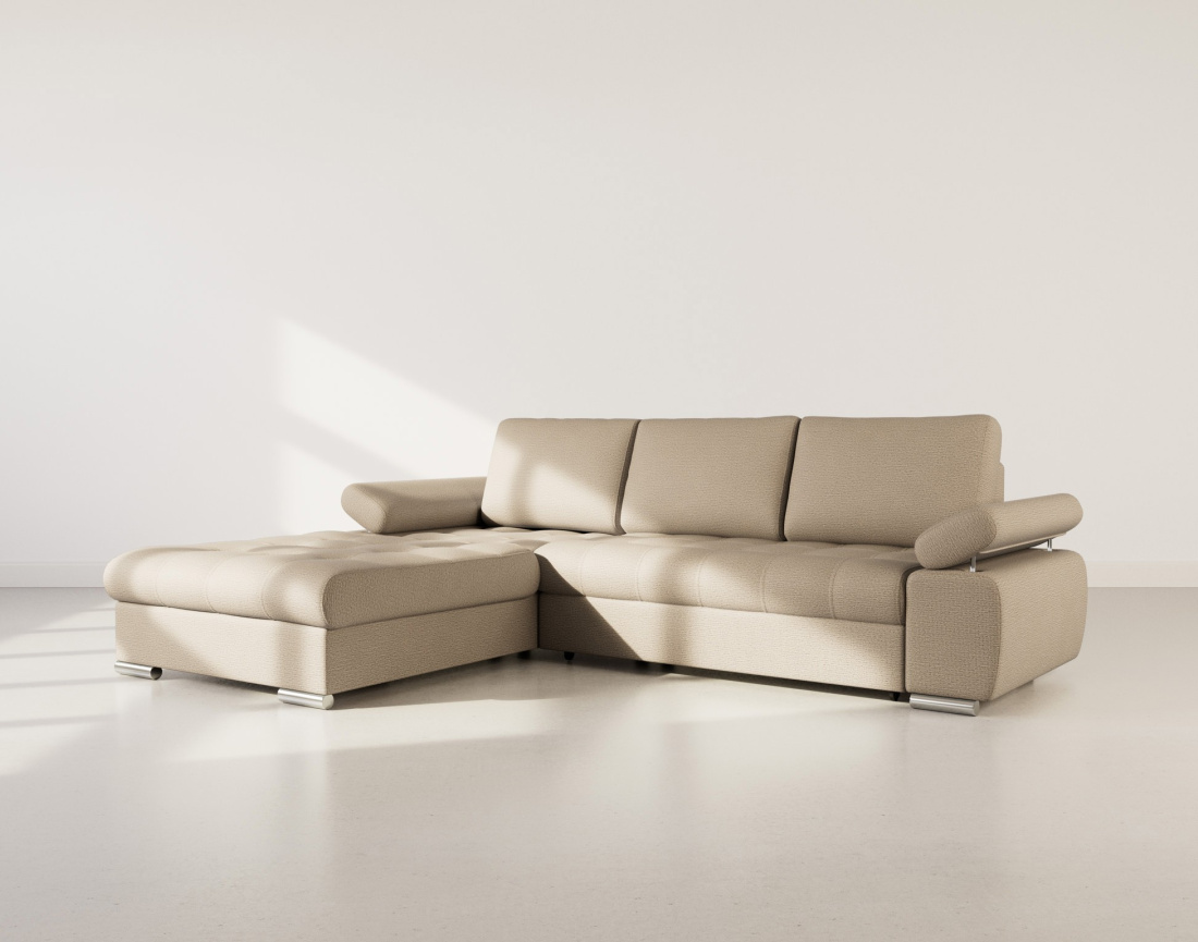 Canapé d'angle gauche 4 places convertible avec coffre en tissu texturé Bianca