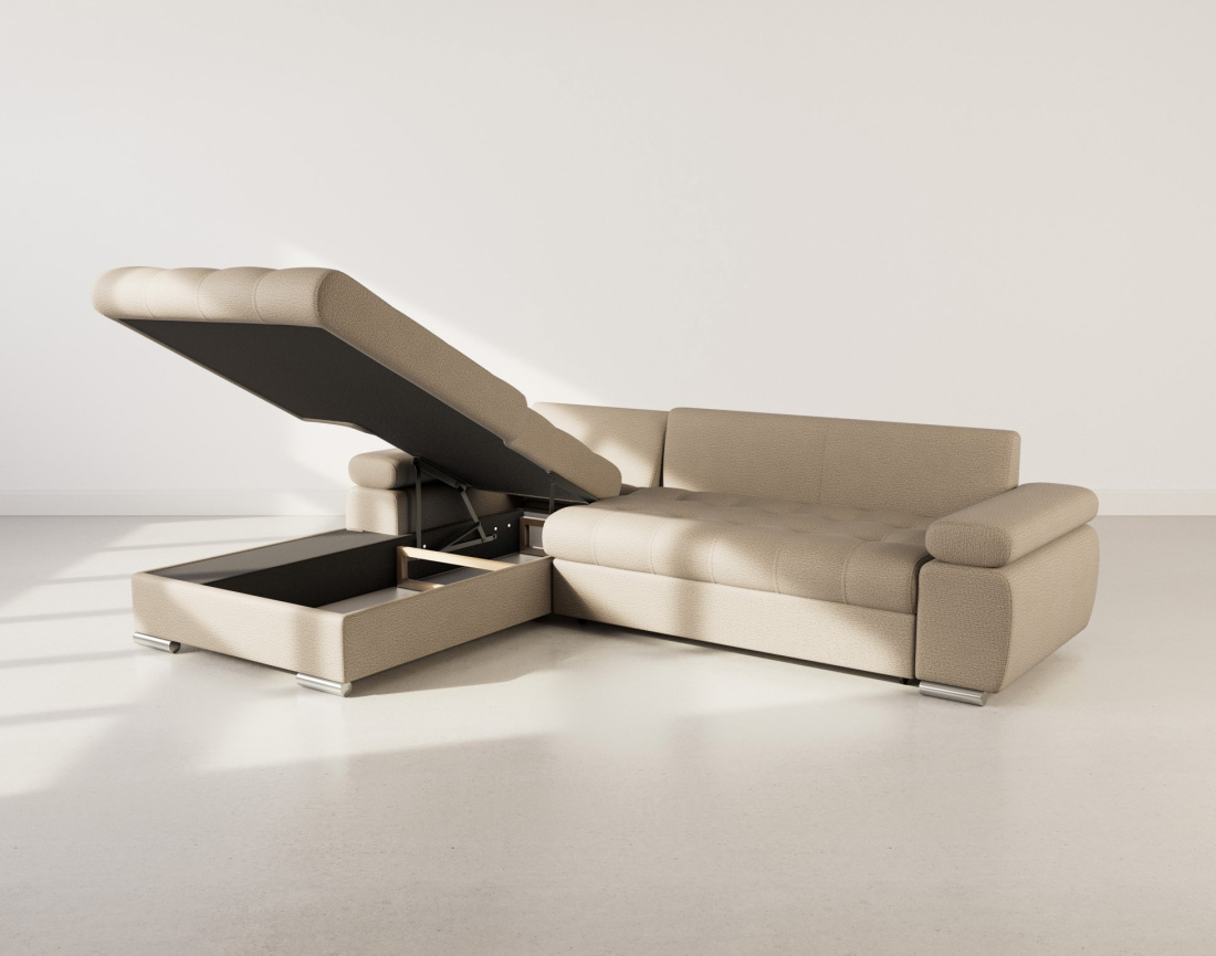 Canapé d'angle gauche 4 places convertible avec coffre en tissu texturé Bianca