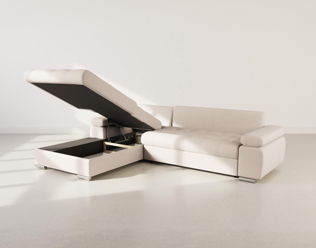 Canapé d'angle gauche 4 places convertible avec coffre en tissu texturé Bianca